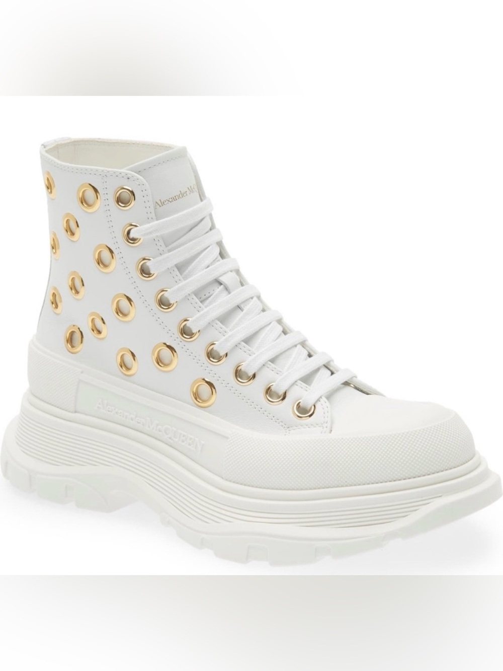Alexander McQueen White Lace-Up High-Top Boot with Gold Eyelets